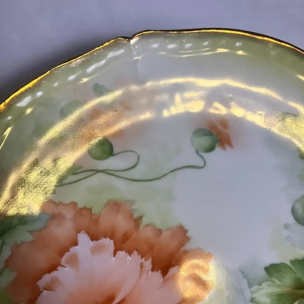 Antique Tirschenreuth Bavaria Porcelain Cake Serving Plate Floral Gold Rim 10.5”
